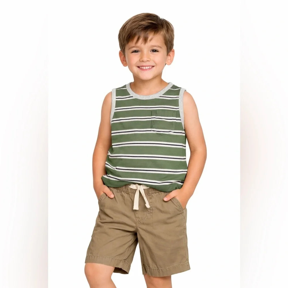 Carter’s Boys 2-Piece Outfit Set Size 5 Green Striped Tank Top & Khaki Shorts
